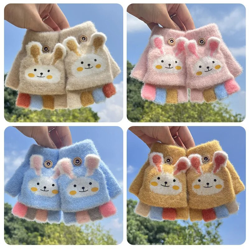 Šiltos vaikiškos kumštinės pirštinės vaikams žieminės penkių pirštų megztos vaikiškos pirštinės Animacinių filmų zuikis Flip Gloves варежки детские зимние