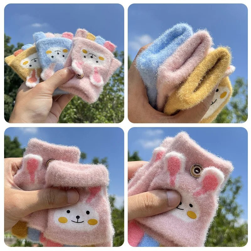 Šiltos vaikiškos kumštinės pirštinės vaikams žieminės penkių pirštų megztos vaikiškos pirštinės Animacinių filmų zuikis Flip Gloves варежки детские зимние