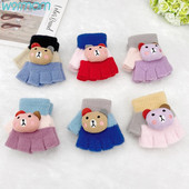 Warmom Cartoon Bear Vaikiškos pirštinės rudens žiemos šiltos pliušinės pirštinės berniukams mergaitėms kūdikiams kūdikiams megztos puspirštės pirštinės