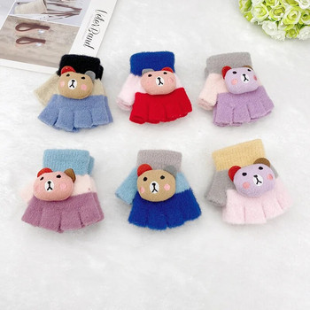 Warmom Детски ръкавици с анимационно мече Есен Зима Топли плюшени ръкавици за момчета Момичета Бебешки плетени ръкавици с половин пръст