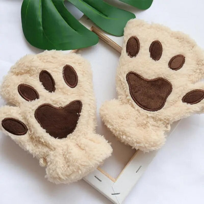 1 pereche de mănuși de iarnă calde fără degete pufoase de pluș labe de pisică minunată mănușă cu jumătate de deget din bumbac moale accesorii de exterior pentru copii cadou