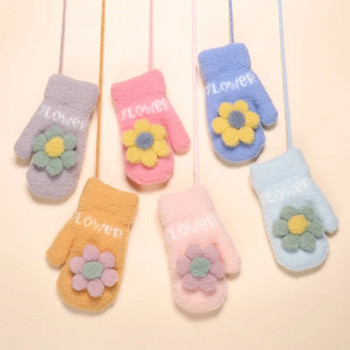 Παιδικά γάντια ζεστά κίτρινα ροζ λουλούδια Plus βελούδινα παχιά διπλή στρώση με κορδόνι σε όλο το δάχτυλο ζεστά γάντια μωρά παιδικά γάντια