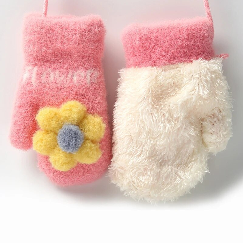 Dječje rukavice Warmom sa žutim ružičastim cvjetićima i dvoslojne debele baršunaste rukavice s užetom za pun prst Tople rukavice za bebe, dječje rukavice