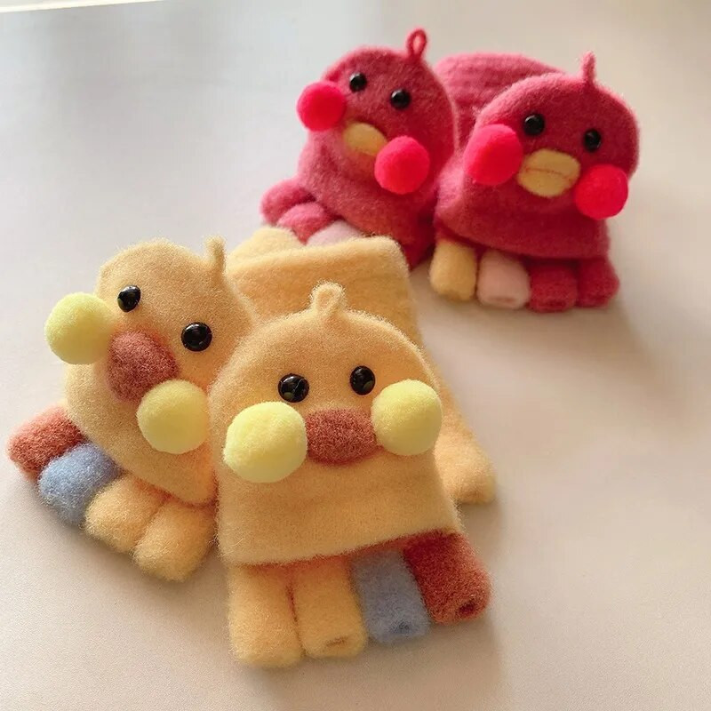 Šiltas animacinis filmas Duck Thicken Šiltos megztos pirštinės Vaikiškos Atverčiamos Puspirštinės Pirštinės studentams Žieminės Šiltos Pirštinės Vaikiškos Kumštinės pirštinės