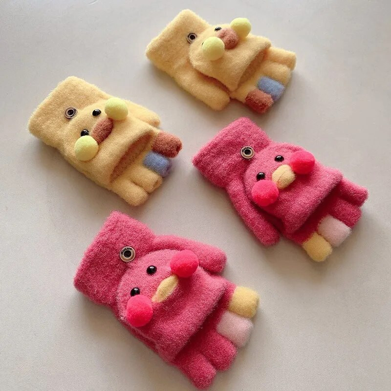 Šiltas animacinis filmas Duck Thicken Šiltos megztos pirštinės Vaikiškos Atverčiamos Puspirštinės Pirštinės studentams Žieminės Šiltos Pirštinės Vaikiškos Kumštinės pirštinės