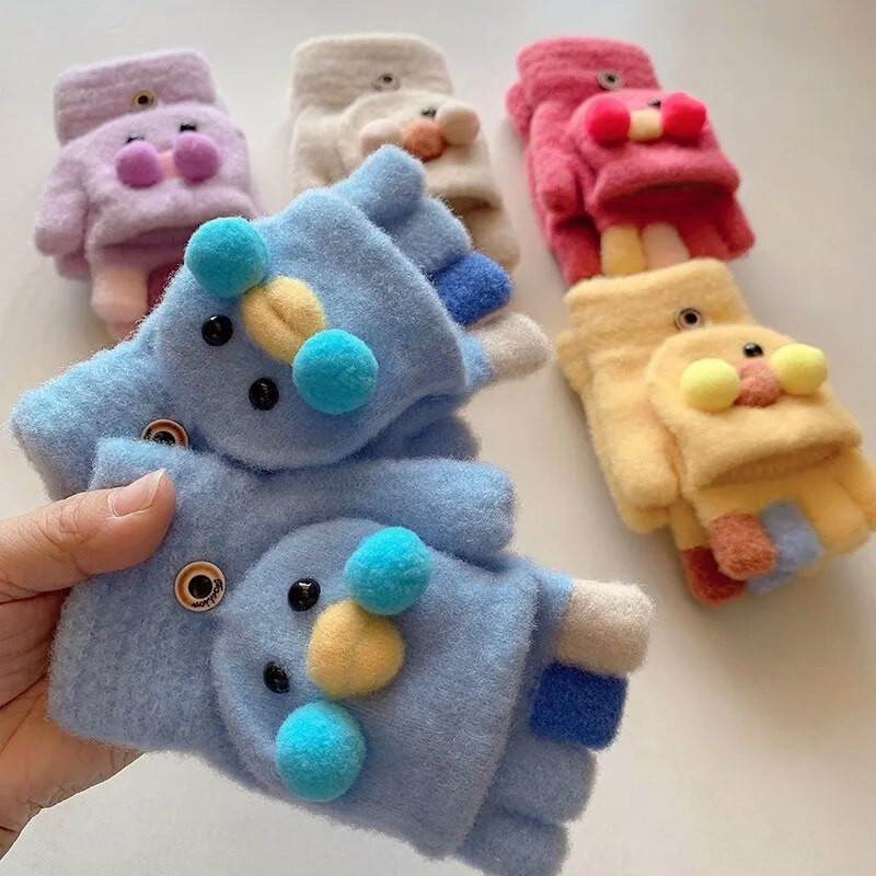 Šiltas animacinis filmas Duck Thicken Šiltos megztos pirštinės Vaikiškos Atverčiamos Puspirštinės Pirštinės studentams Žieminės Šiltos Pirštinės Vaikiškos Kumštinės pirštinės