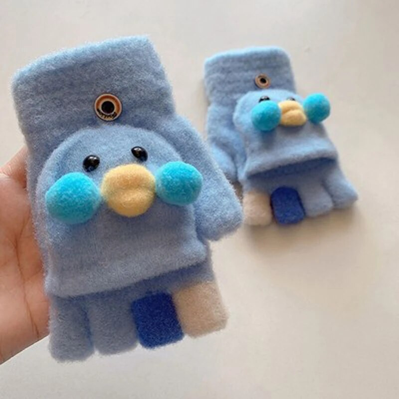 Šiltas animacinis filmas Duck Thicken Šiltos megztos pirštinės Vaikiškos Atverčiamos Puspirštinės Pirštinės studentams Žieminės Šiltos Pirštinės Vaikiškos Kumštinės pirštinės