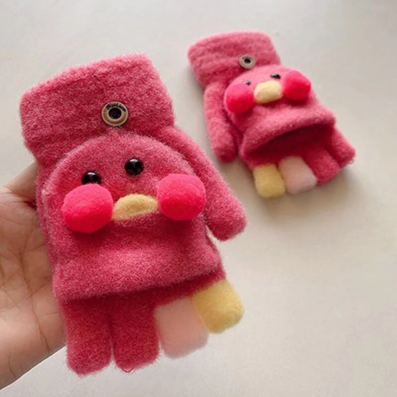 Šiltas animacinis filmas Duck Thicken Šiltos megztos pirštinės Vaikiškos Atverčiamos Puspirštinės Pirštinės studentams Žieminės Šiltos Pirštinės Vaikiškos Kumštinės pirštinės
