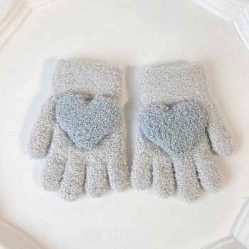 Детски ръкавици с пет пръста Едноцветни ръкавици с любовен модел за момчета Момичета Зимни топли удебелени ръкавици за деца 1-5 години