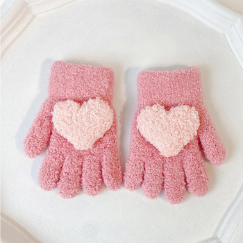 Детски ръкавици с пет пръста Едноцветни ръкавици с любовен модел за момчета Момичета Зимни топли удебелени ръкавици за деца 1-5 години