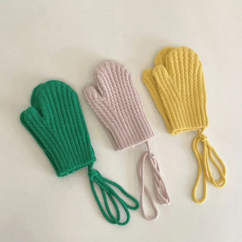 Зимни вълнени детски ръкавици с презрамки Плетени топли ръкавици за пръсти за момичета Момчета Едноцветни детски аксесоари 4-10 години