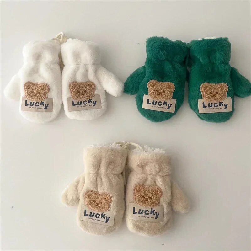 Megztos storos lauko kumštinės pirštinės kūdikiui Animacinis filmas Meškiukas Kūdikio Pirštinės Šiltos Rudens Žiemos Vaikams Mergaitei Berniukui Pirštinės su virve pilna pirštinė