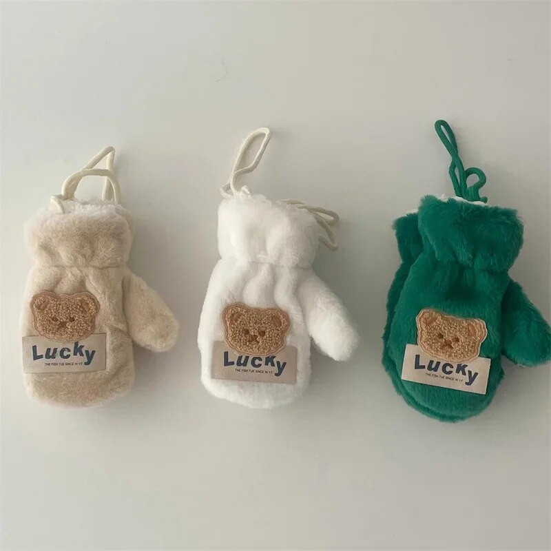 Megztos storos lauko kumštinės pirštinės kūdikiui Animacinis filmas Meškiukas Kūdikio Pirštinės Šiltos Rudens Žiemos Vaikams Mergaitei Berniukui Pirštinės su virve pilna pirštinė