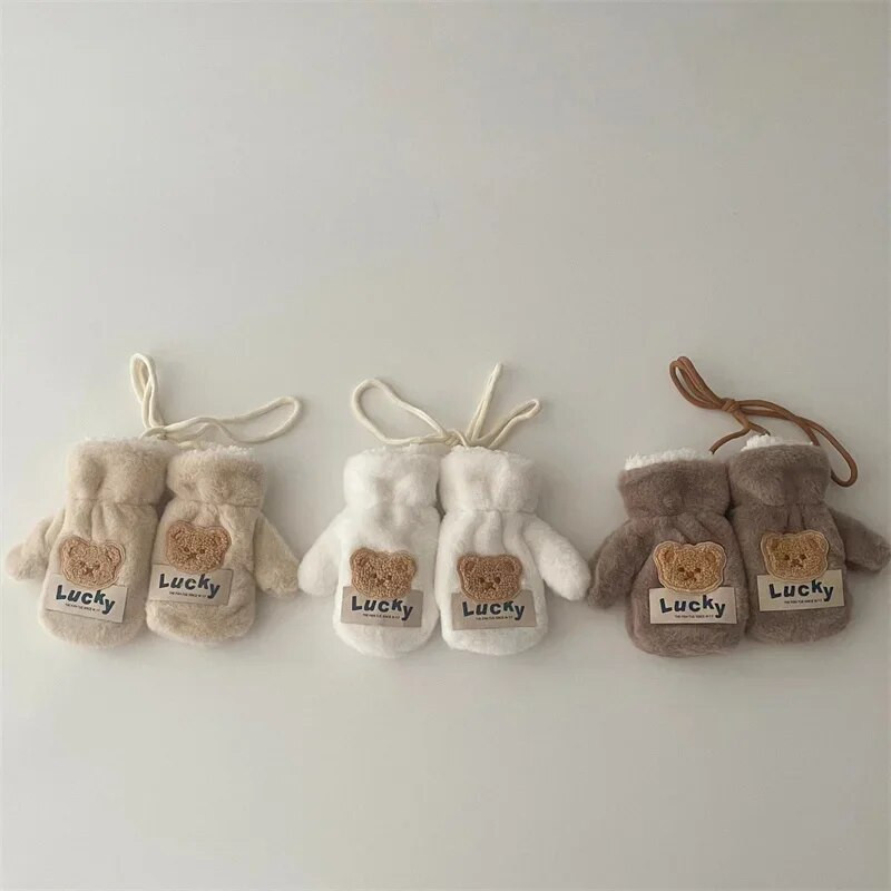 Megztos storos lauko kumštinės pirštinės kūdikiui Animacinis filmas Meškiukas Kūdikio Pirštinės Šiltos Rudens Žiemos Vaikams Mergaitei Berniukui Pirštinės su virve pilna pirštinė