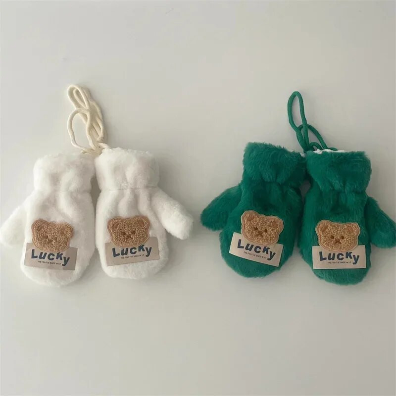 Megztos storos lauko kumštinės pirštinės kūdikiui Animacinis filmas Meškiukas Kūdikio Pirštinės Šiltos Rudens Žiemos Vaikams Mergaitei Berniukui Pirštinės su virve pilna pirštinė