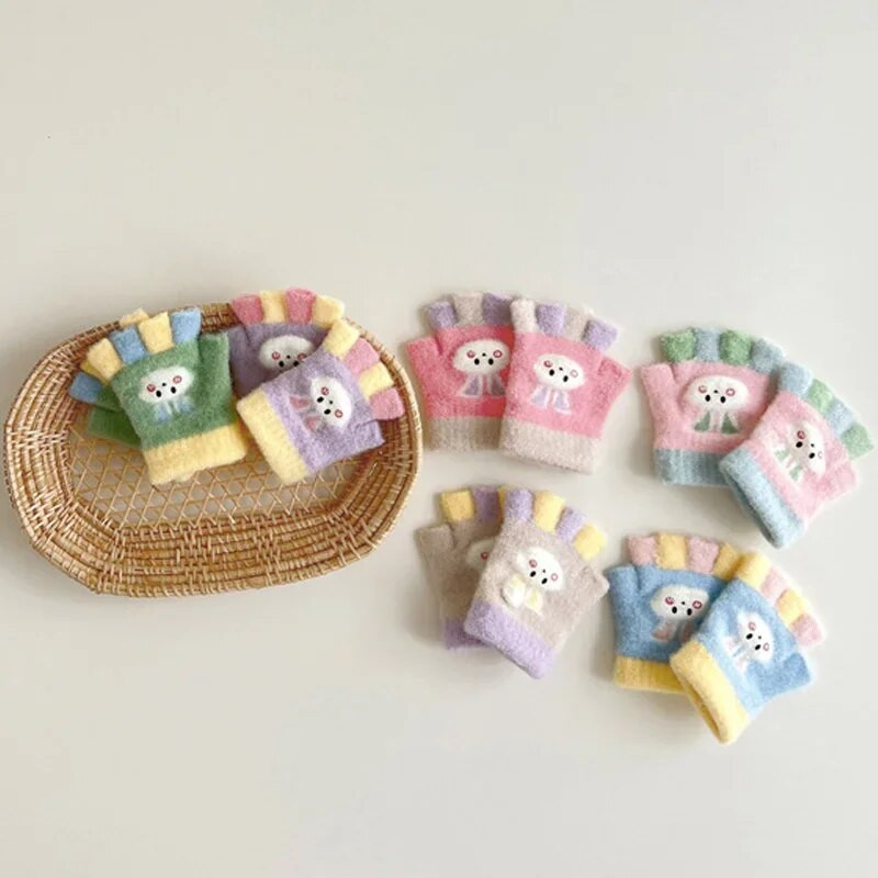 Kūdikių animacinių filmų kumštinės pirštinės vaikams žiema, šilta, stora, vaikai berniukui mergaitei Puspirštės Pirštinės megztos pirštinės vaikams 0-12 mėn.