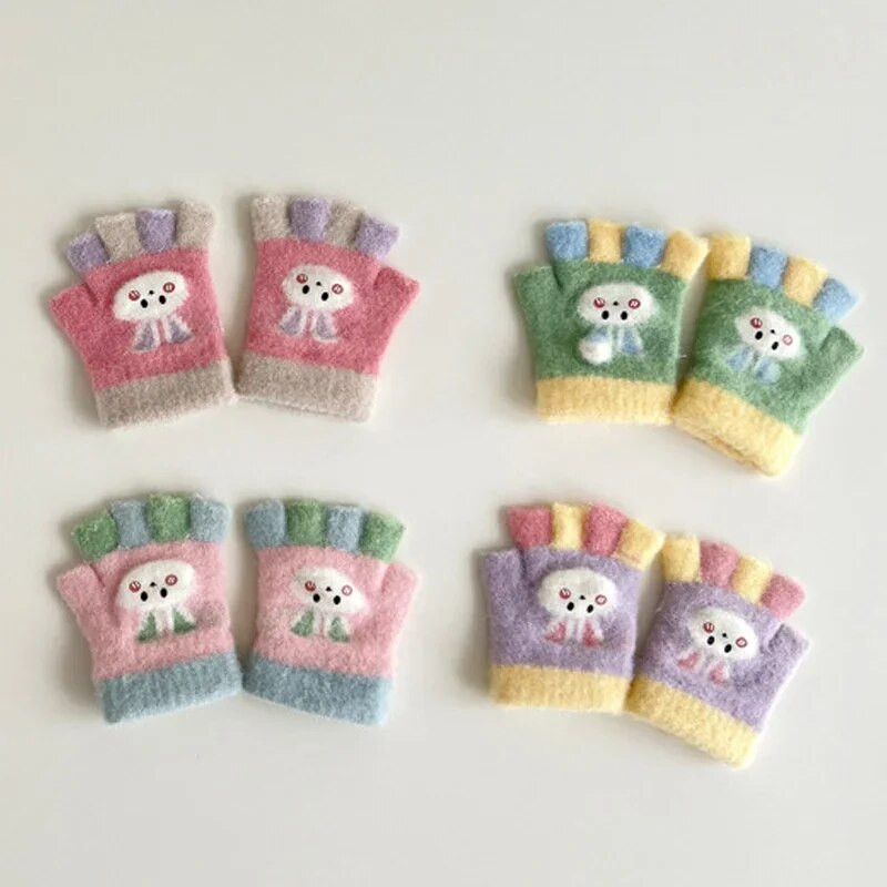 Kūdikių animacinių filmų kumštinės pirštinės vaikams žiema, šilta, stora, vaikai berniukui mergaitei Puspirštės Pirštinės megztos pirštinės vaikams 0-12 mėn.