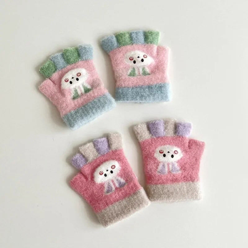 Kūdikių animacinių filmų kumštinės pirštinės vaikams žiema, šilta, stora, vaikai berniukui mergaitei Puspirštės Pirštinės megztos pirštinės vaikams 0-12 mėn.