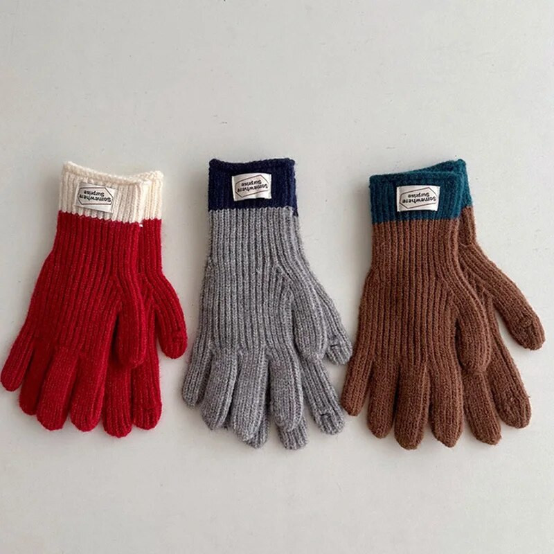 Lână de iarnă Mănuși solide Copii Îngroșați Copii Bebeluși de pluș cu degetul plin Mănuși tricotate Toamnă Încălzitor de mâini în aer liber pentru 6-12A