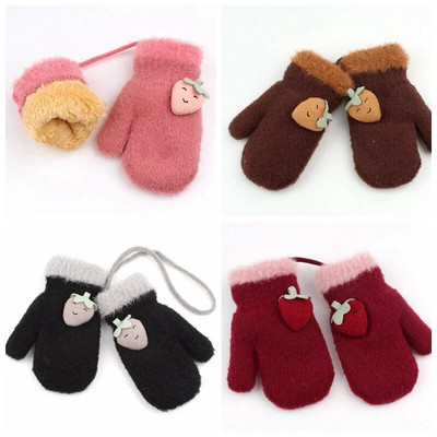 0-2 години Бебешки кожени плетени ръкавици с ягода Момче Момичета Топли ръкавици Детски есенни и снежни ръкавици за деца