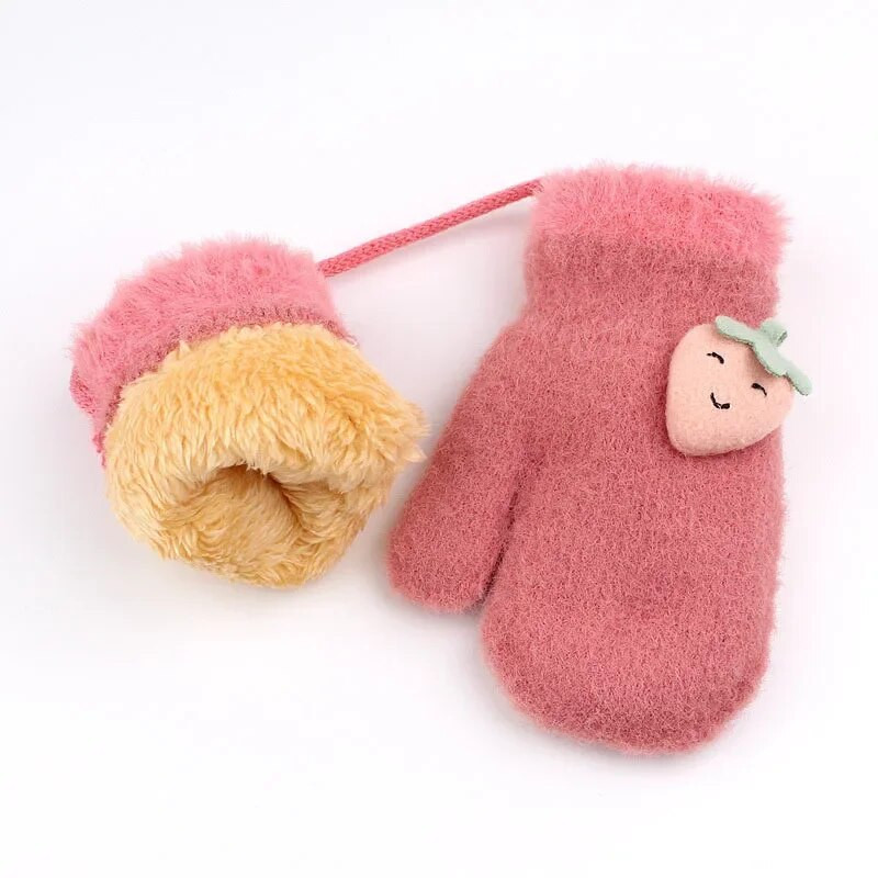 Πλεκτά γάντια μωρού με γούνα 0-2 ετών με φράουλα αγόρια για κορίτσια Ζεστά γάντια παιδικά φθινόπωρο και Witiner χιονισμένα γάντια για παιδιά