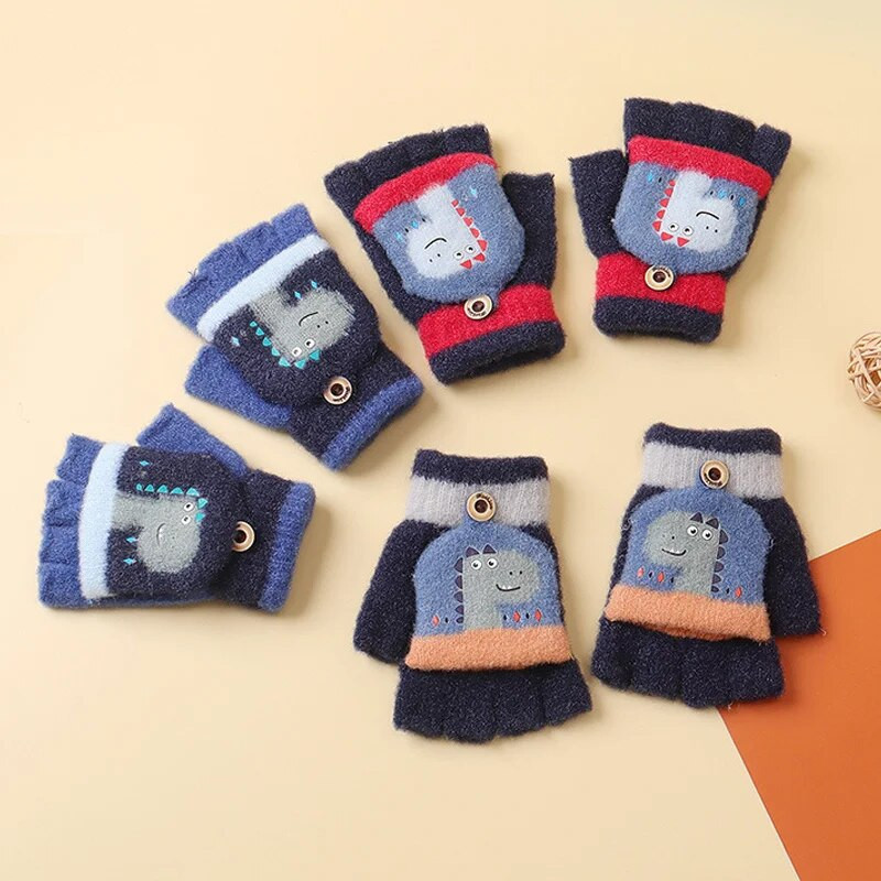 Παιδικά χειμωνιάτικα γάντια μωρό Ζεστό κάλυμμα χαριτωμένος μικρός δεινόσαυρος κινουμένων σχεδίων Ζακάρ με μισό δάχτυλο κορίτσια Αγόρι Γάντια για νεογέννητα γάντια