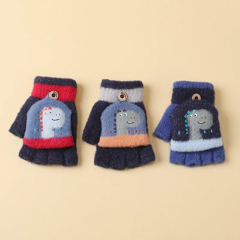 Παιδικά χειμωνιάτικα γάντια μωρό Ζεστό κάλυμμα χαριτωμένος μικρός δεινόσαυρος κινουμένων σχεδίων Ζακάρ με μισό δάχτυλο κορίτσια Αγόρι Γάντια για νεογέννητα γάντια