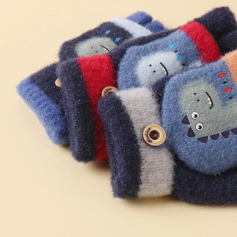 Παιδικά χειμωνιάτικα γάντια μωρό Ζεστό κάλυμμα χαριτωμένος μικρός δεινόσαυρος κινουμένων σχεδίων Ζακάρ με μισό δάχτυλο κορίτσια Αγόρι Γάντια για νεογέννητα γάντια