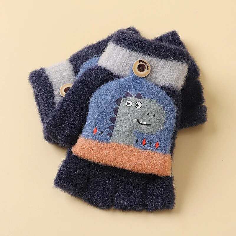Παιδικά χειμωνιάτικα γάντια μωρό Ζεστό κάλυμμα χαριτωμένος μικρός δεινόσαυρος κινουμένων σχεδίων Ζακάρ με μισό δάχτυλο κορίτσια Αγόρι Γάντια για νεογέννητα γάντια