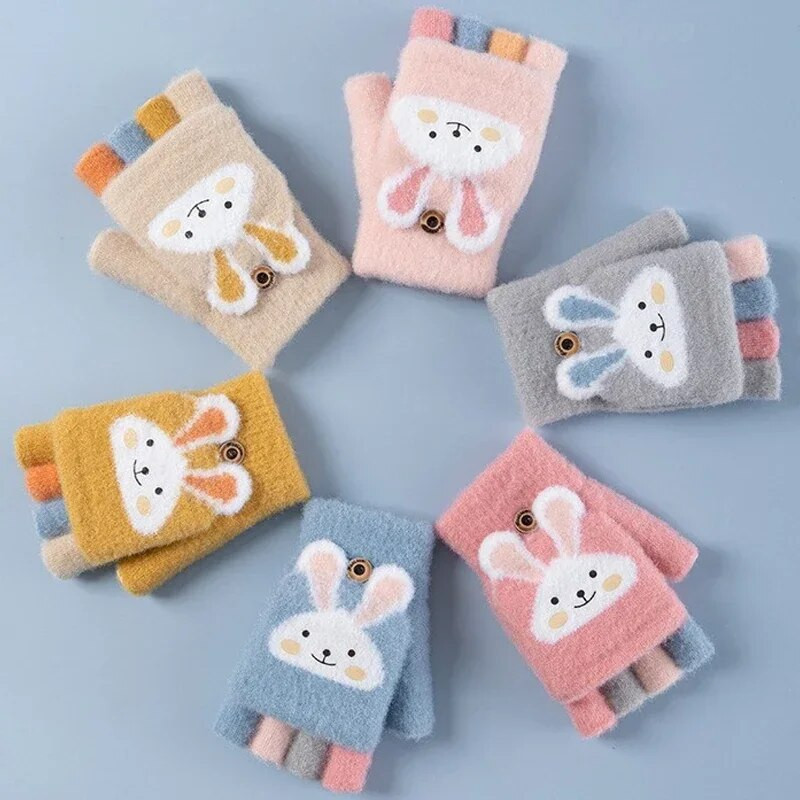 Vaikams Penkių pirštų pirštinės žieminės berniuko sustorėjusios puspirštės kumštinės mergaitei megztos kumštinės pirštinės žiemai Naujas animacinis filmas šiltos apverčiamos pirštinės