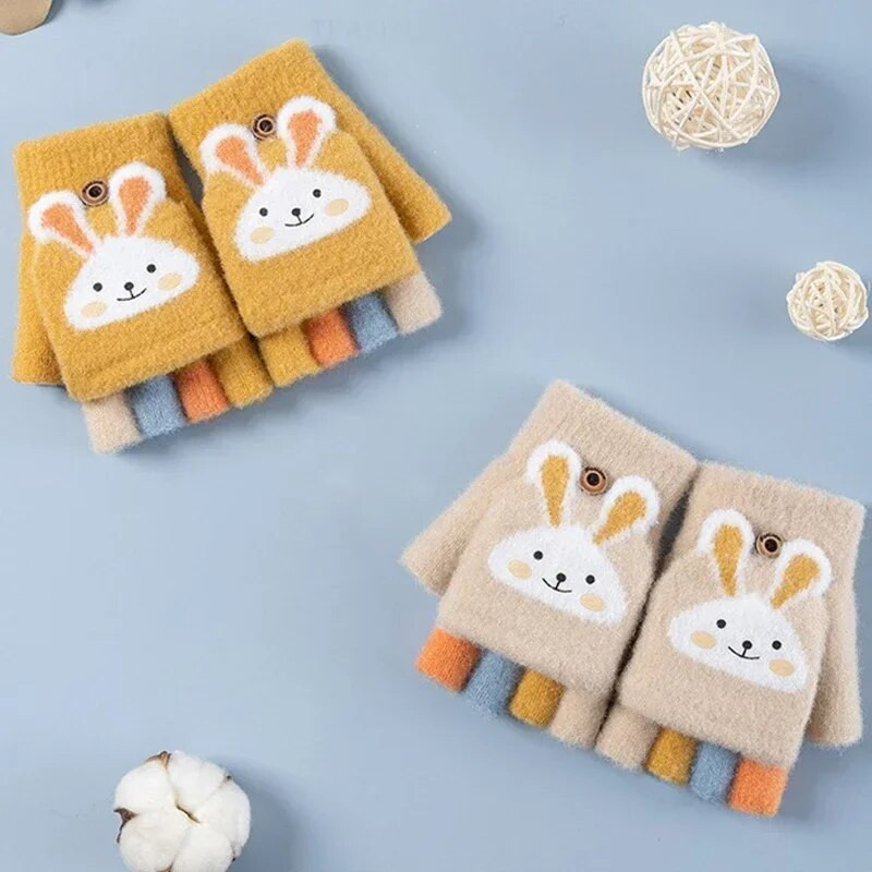 Vaikams Penkių pirštų pirštinės žieminės berniuko sustorėjusios puspirštės kumštinės mergaitei megztos kumštinės pirštinės žiemai Naujas animacinis filmas šiltos apverčiamos pirštinės