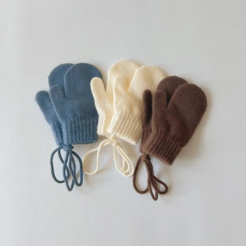 Žieminės megztos vaikiškos pirštinės su virvele Naujos Korėjos kietos mergaitės berniuko pirštinės pirštinės Kūdikiui mažyliui, lauko vėjui atsparios pirštinės