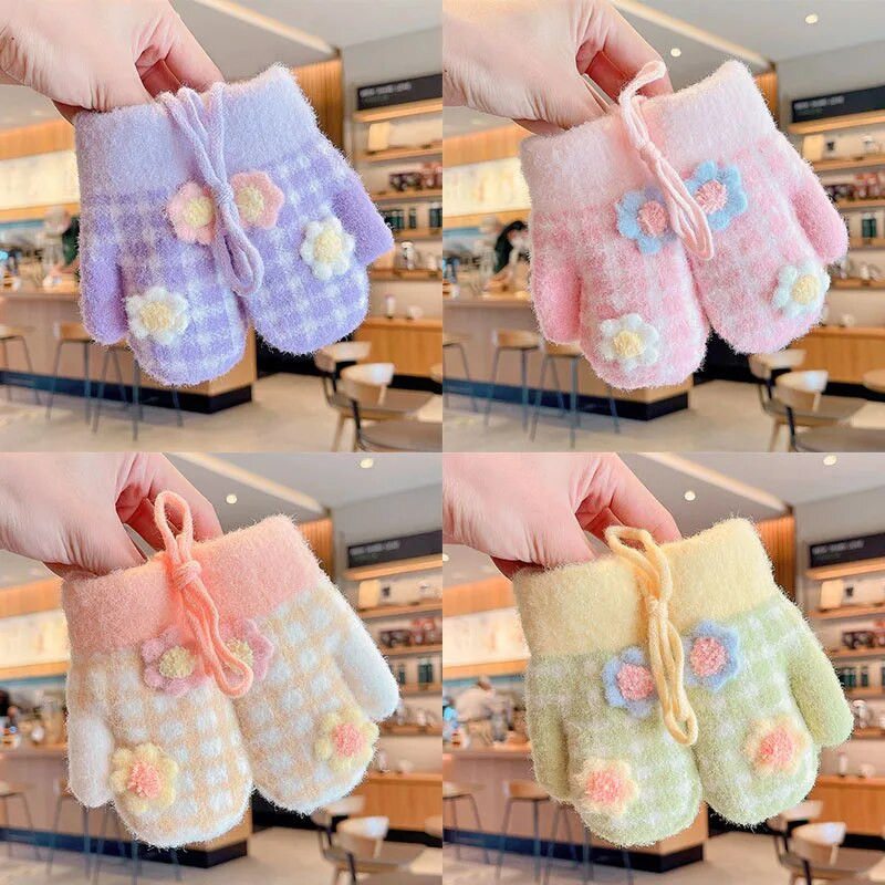 Mergaitėms, mielos, mielos megztos pliušinės languotos gėlės pirštinės berniukams, mielos minkštos lauke, šiltos pirštinės vaikams, pirštinės su kakleliu