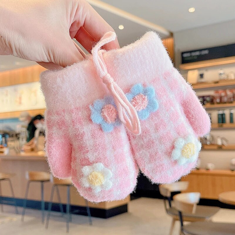 Mergaitėms, mielos, mielos megztos pliušinės languotos gėlės pirštinės berniukams, mielos minkštos lauke, šiltos pirštinės vaikams, pirštinės su kakleliu