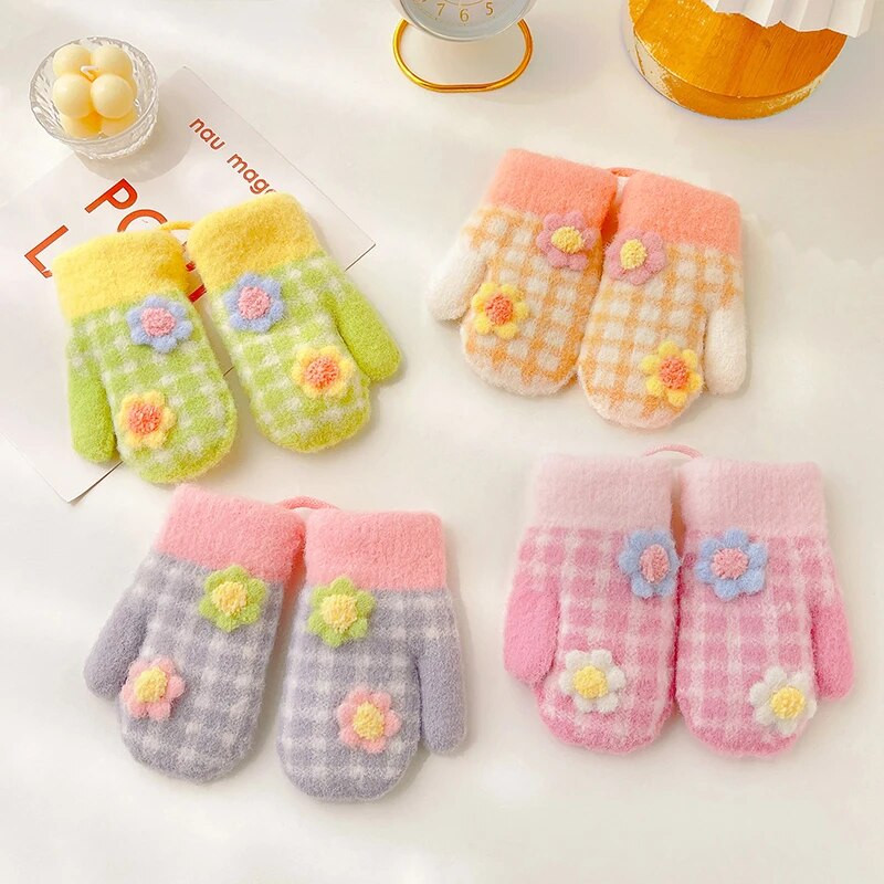 Mergaitėms, mielos, mielos megztos pliušinės languotos gėlės pirštinės berniukams, mielos minkštos lauke, šiltos pirštinės vaikams, pirštinės su kakleliu