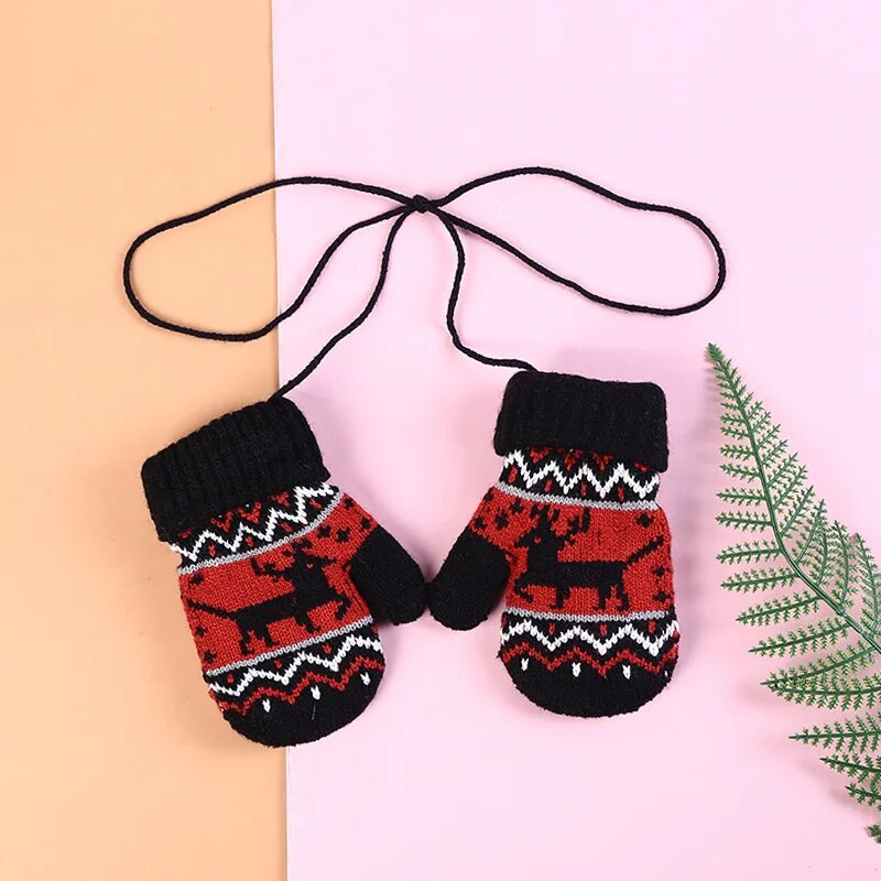 Žieminės storos šiltos kalėdinės kumštinės pirštinės vaikams Vaikiškos pirštinės megztos vilnonės pirštinės bamblys virvė 3-8m berniukams mergaitėms vaikiškos pirštinės