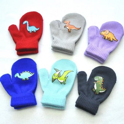 1-5 години Детски зимни ръкавици за спорт на открито Топли вълнени ръкавици Плетени ръкавици с анимационен динозавър за бебета момичета бебета момчета KF192