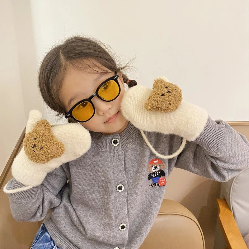 3-9Y Χειμώνας Παιδιά Χαριτωμένα Χρώμα καφέ Αρνιά Μαλλί κινουμένων σχεδίων αρκούδα χοντρά ζεστά γάντια αγόρια κορίτσια Μαλακά γάντια λαιμού Παιδικά γάντια κούκλας