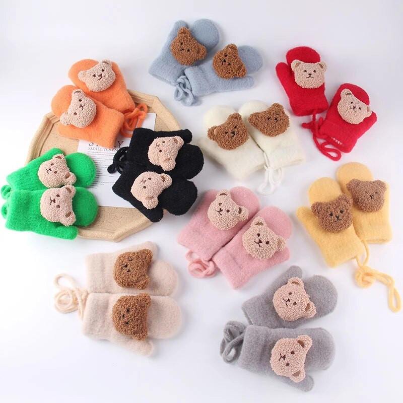3-9Y Χειμώνας Παιδιά Χαριτωμένα Χρώμα καφέ Αρνιά Μαλλί κινουμένων σχεδίων αρκούδα χοντρά ζεστά γάντια αγόρια κορίτσια Μαλακά γάντια λαιμού Παιδικά γάντια κούκλας