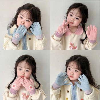 Момичета, зимни плетене, щампа с цветя и лъкове, плюшени меки ръкавици с пет пръста, детски топли ръкавици на открито, детски цветни ръкавици, ръкавици без пръсти