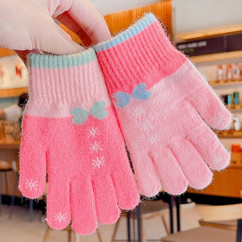 Κορίτσια Χειμερινό πλέξιμο Λουλούδι Φιόγκος Εκτύπωση Λούτρινο Μαλακό Γάντια Πέντε Δακτύλων Παιδικά Γάντια Εξωτερικού Χώρου Παιδικά Χρώματα Γάντια Γάντια
