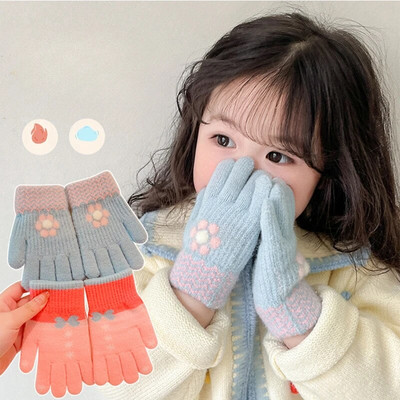 Girls Winter Knitting Flower Bow Printing Plush Soft Five Finger Gloves Children Outdoor Warm Gloves Kids Colors Gloves Mittens