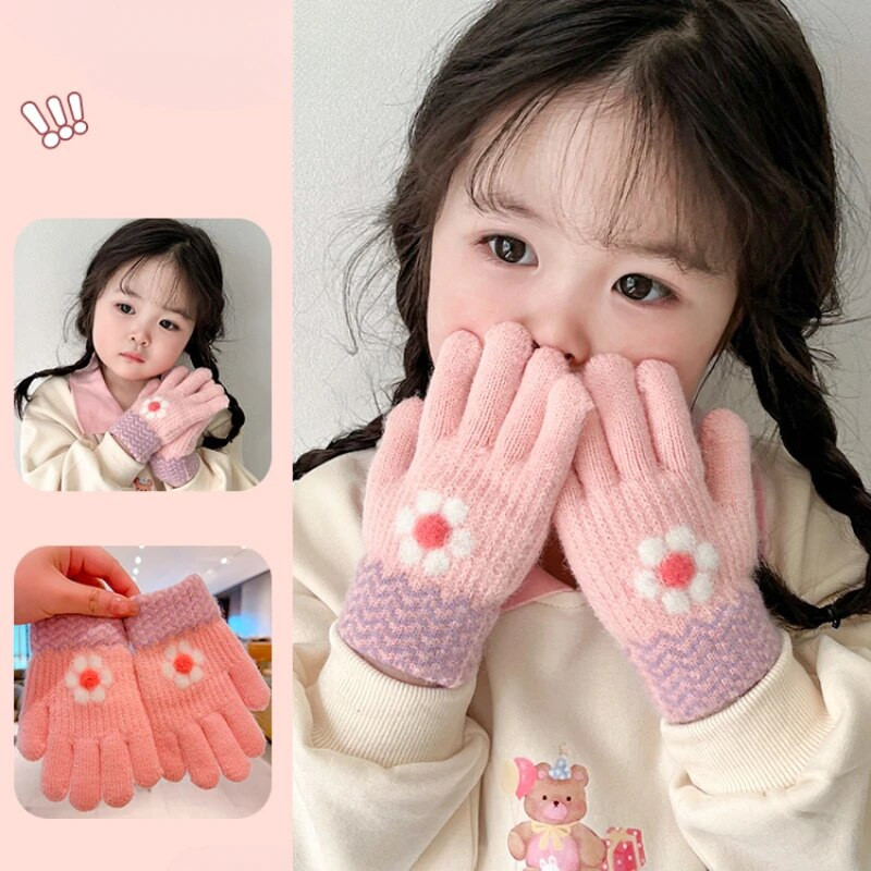 Κορίτσια Χειμερινό πλέξιμο Λουλούδι Φιόγκος Εκτύπωση Λούτρινο Μαλακό Γάντια Πέντε Δακτύλων Παιδικά Γάντια Εξωτερικού Χώρου Παιδικά Χρώματα Γάντια Γάντια