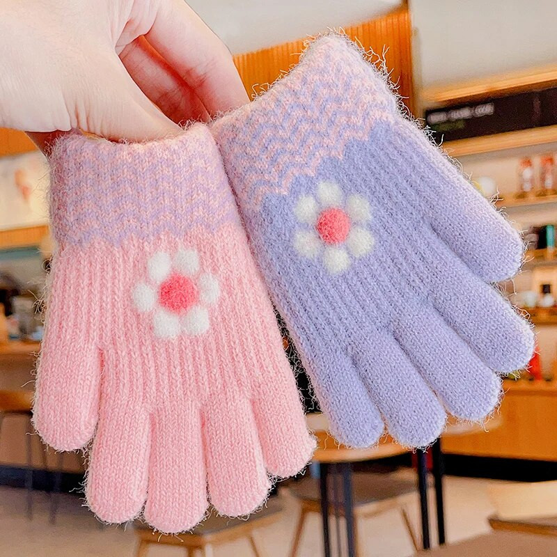 Κορίτσια Χειμερινό πλέξιμο Λουλούδι Φιόγκος Εκτύπωση Λούτρινο Μαλακό Γάντια Πέντε Δακτύλων Παιδικά Γάντια Εξωτερικού Χώρου Παιδικά Χρώματα Γάντια Γάντια