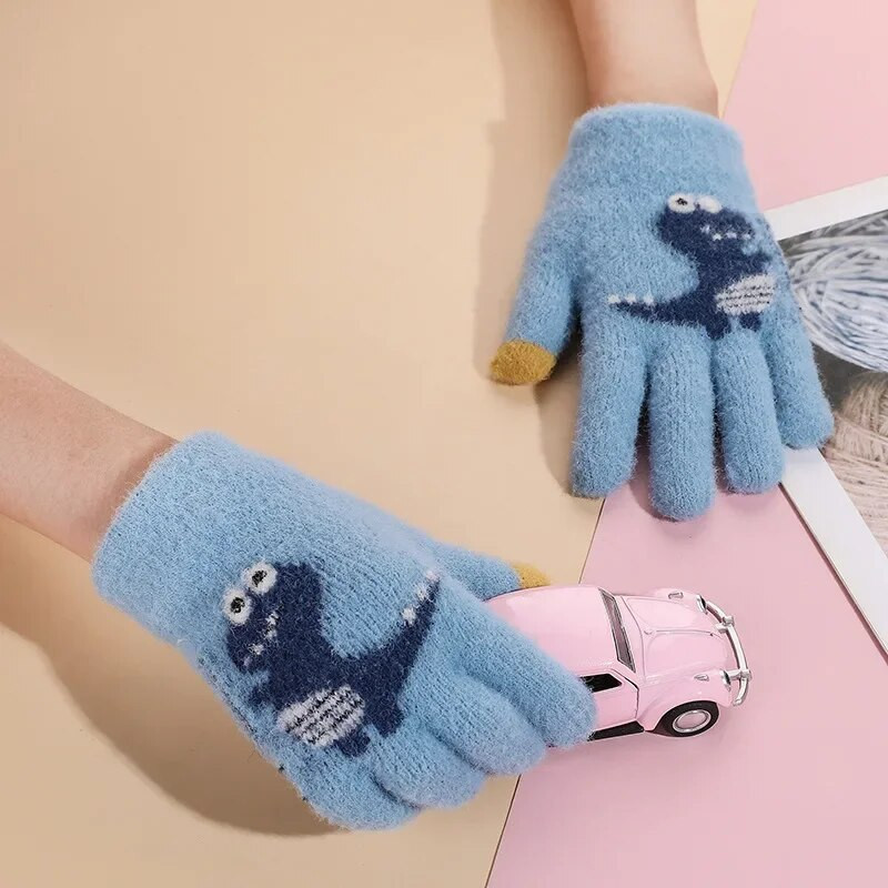 3–9 metų žiemos šiltos megztos pirštinės Animacinis filmas mažas dinozauras, sustorintas pliušinis vaikams, žiemai, kūdikiams, kumštinės pirštinės, vaikiškos pirštinės