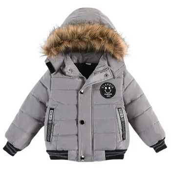 Външно яке за момчета Зимно връхно облекло с качулка и цип Топли ежедневни бебешки момчета Кадифени дебели палта Детско облекло Парка с кожена яка