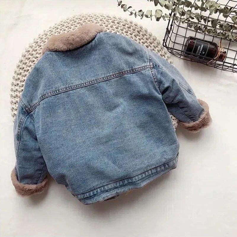 Autumn Winter Thicken Baby Boys Džinsinė striukė su kašmyru Šilti Vaikiški Viršutiniai Drabužiai Madingi Paltai 2 3 4 5 6 7 8 Metų Vaikiški Drabužiai