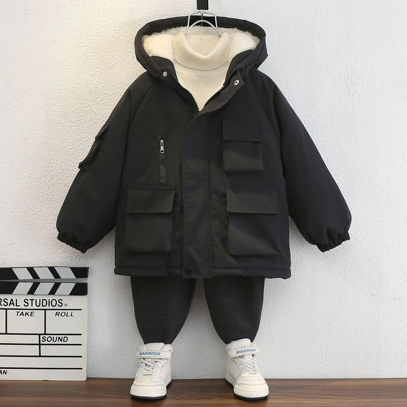 3–10 metų šilta žieminė berniukų striukė paauglių mados plius aksominis, storas gaubtas paltas su užtrauktuku Vaikiški viršutiniai drabužiai