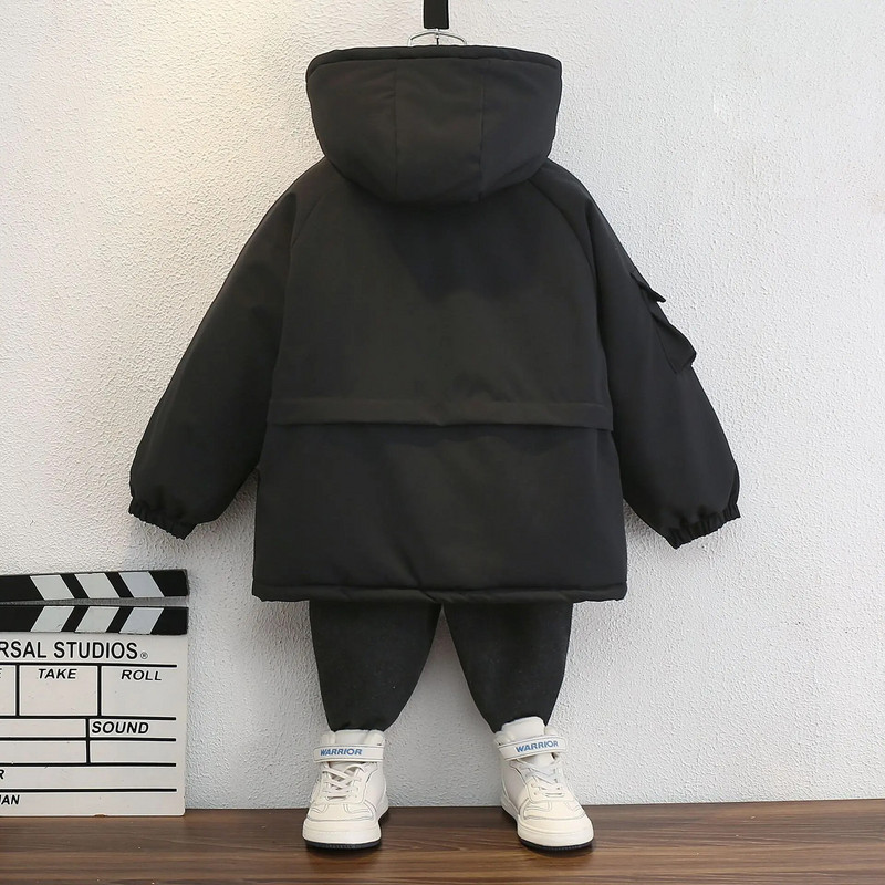 3–10 metų šilta žieminė berniukų striukė paauglių mados plius aksominis, storas gaubtas paltas su užtrauktuku Vaikiški viršutiniai drabužiai