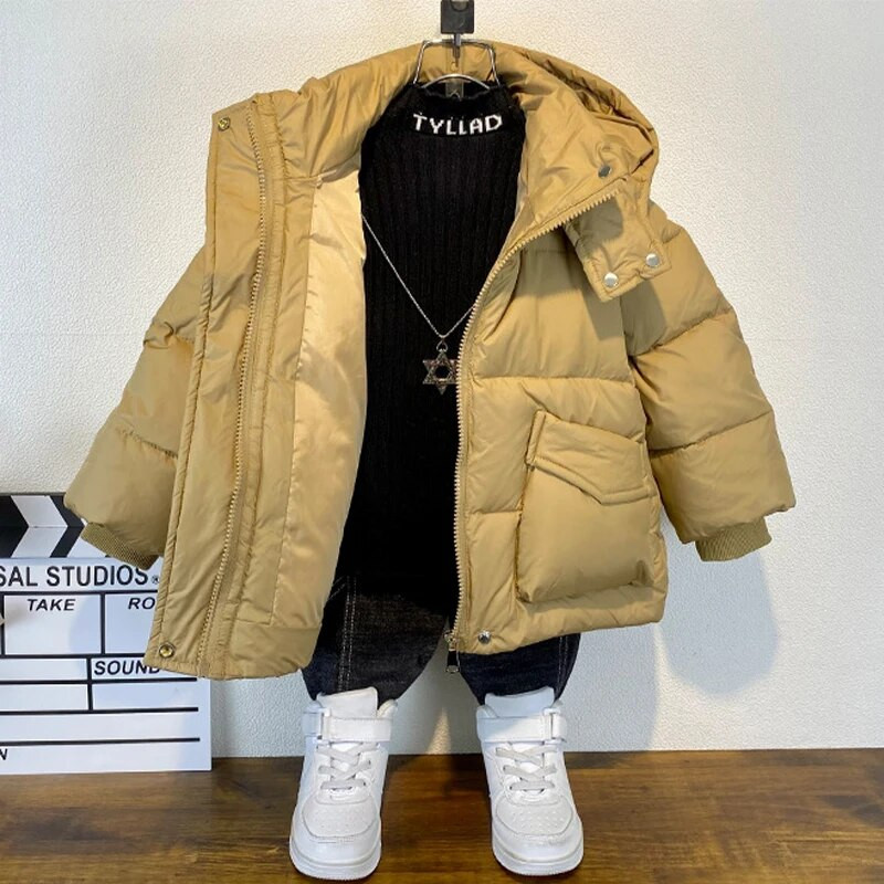 Παιδικό 2023 Winter Thicken Down Βαμβακερό παλτό για αγόρια Μόδα μονόχρωμο μπουφάν με κουκούλα με φερμουάρ Παιδικά εξωτερικά ρούχα Parka 3-14 ετών
